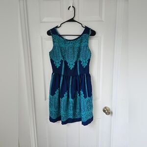 Elegant Cocktail Boatneck Blue and Teal Sleeveless Aline Small Dress